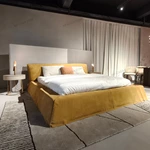 Warm Yellow Suede Upholstered Bed with Minimalist Half-Slat Back Panel & Skirted Base